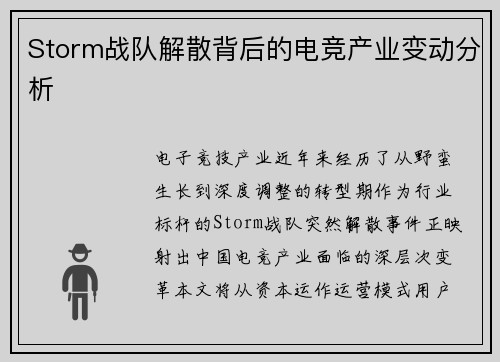 Storm战队解散背后的电竞产业变动分析